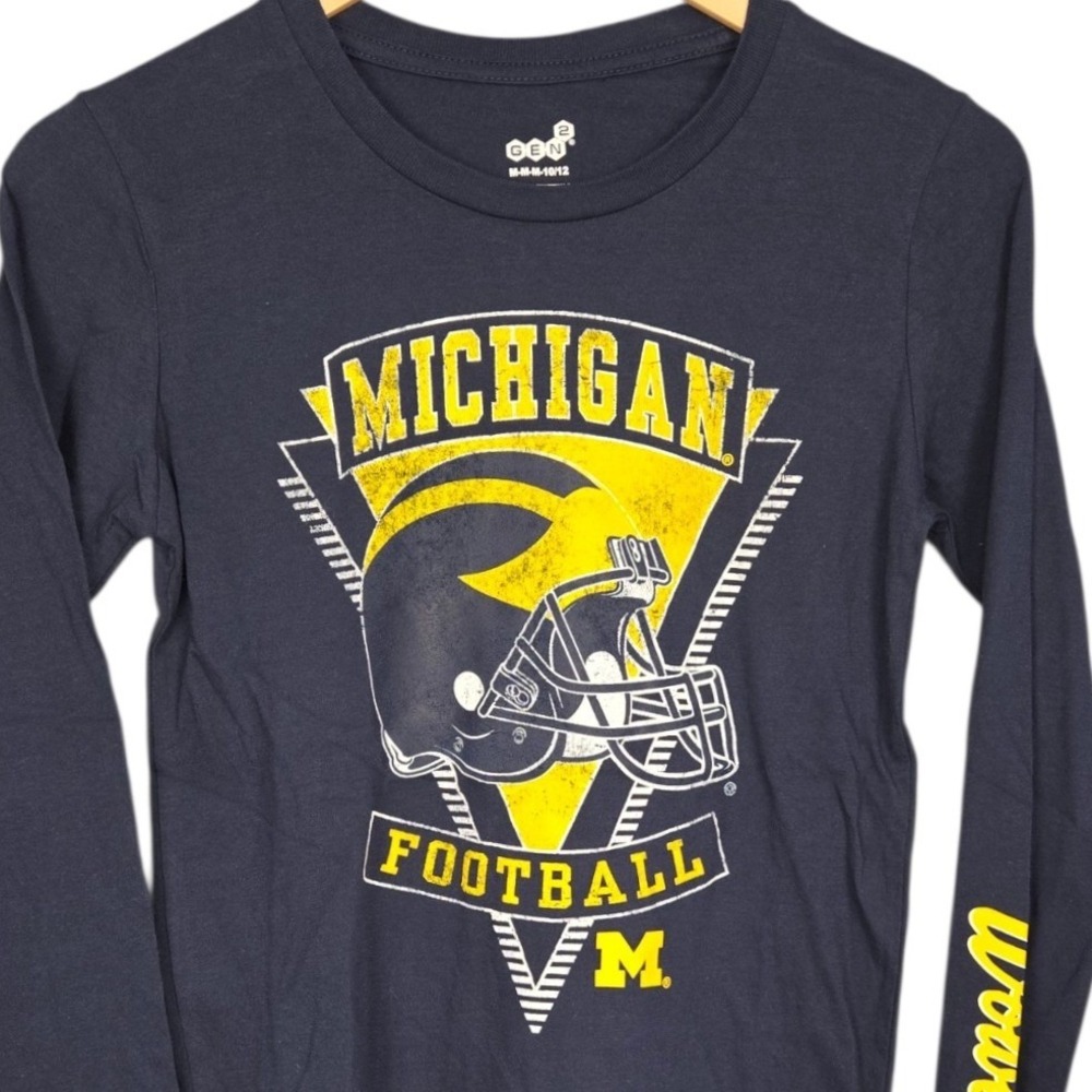 Michigan Wolverines Football Shirt YOUTH Medium 10/12 Navy Long Sleeve Tee NEW